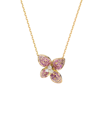 Collier Fleurs Or Jaune, Saphirs Roses, Rubis & Diamants