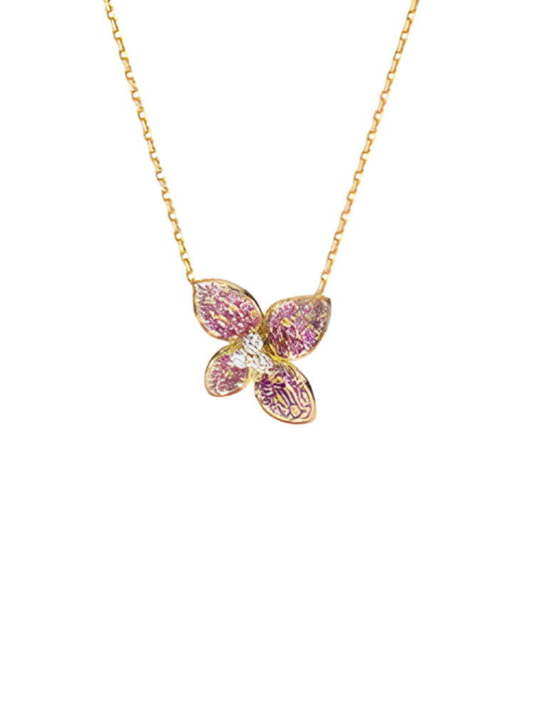 Collier Fleurs Or Jaune, Saphirs Roses, Rubis & Diamants