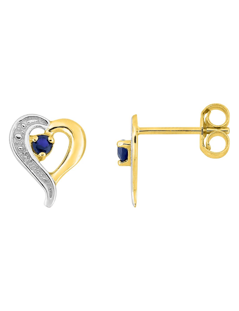 Boucle D’Oreille Coeur Saphir Bicolore Or Jaune & Or Blanc