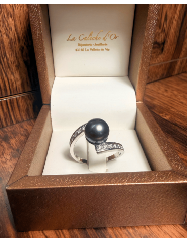 Bague Perle de Tahiti & Diamants – Création Artisanale en Or Blanc 18 Carats